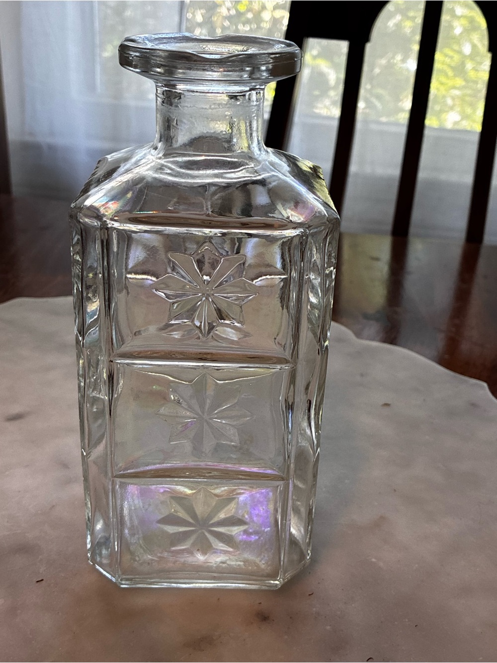 Vintage iridescent Pressed Glass Decanter Starburst Panels, federal prohibition